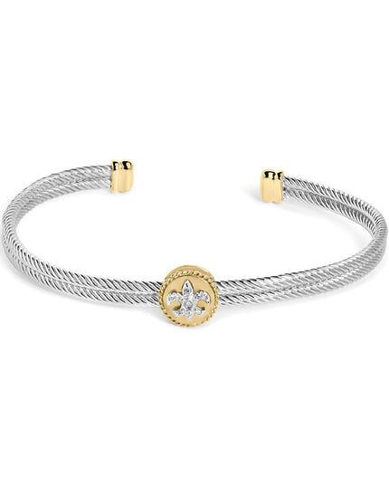 18K Yellow Gold Plated .925 Sterling Silver Diamond Accent  and Fleur Di Lis Medallion Bangle Bracelet (I-J Color, SI1-SI2 Clarity) - 7.25 Inches