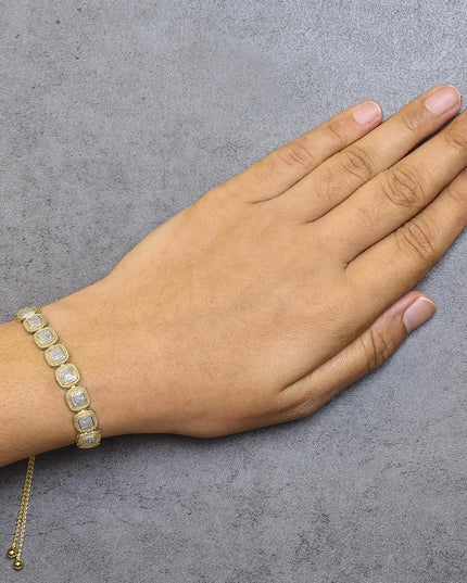 14k Yellow Gold Plated .925 Sterling 5/8 Cttw Diamond Composite Cushion Frame 4”-10” Adjustable Bolo Bracelet (G-H Color, I1-I2 Clarity)