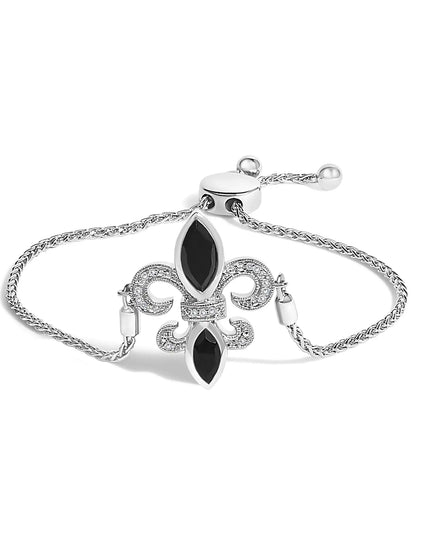 .925 Sterling Silver Marquise Black Onyx and Diamond Accent Lariat 4”-10” Fleur De Lis Adjustable Bolo Bracelet (I-J Color, I1-I2 Clarity)