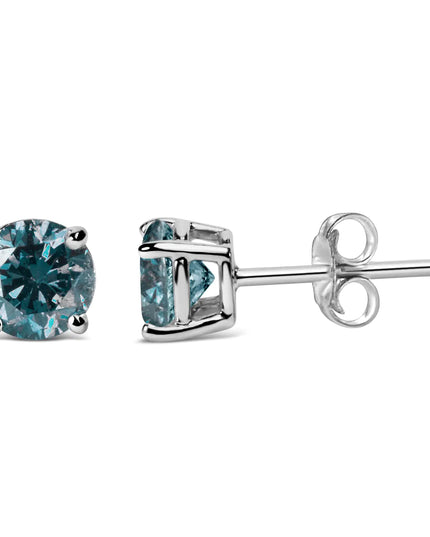 14K Gold Round Brilliant Cut Lab Grown Blue Diamond 4-Prong Classic Solitaire Stud Earrings with Pushbacks