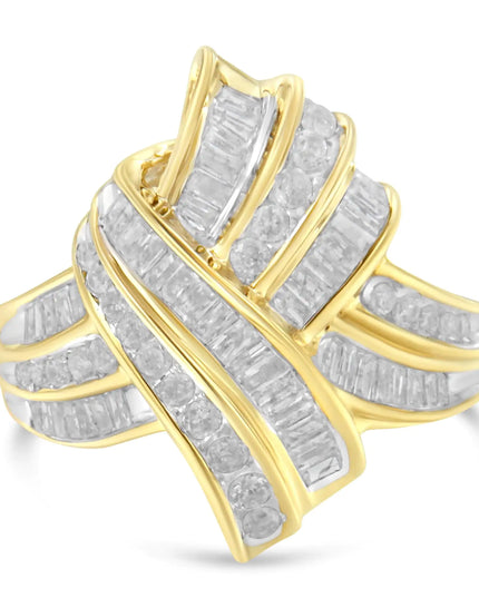 10K Yellow Gold Plated .925 Sterling Silver 1.0 Cttw Round & Baguette Diamond Knot Channel Statement Ring (I-J Color, I2-I3 Clarity)