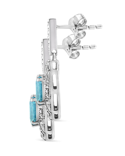 .925 Sterling Silver 7x5MM Emerald Shape Blue Topaz and Diamond Accent Art Deco Halo Style Drop and Dangle Earrings (I-J Color, I1-I2 Clarity)