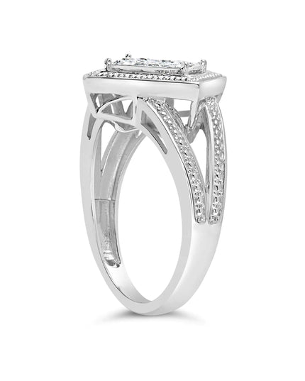 .925 Sterling Silver 1/3 Cttw Invisible Set Princess-Cut Diamond Rhombus and Beaded Halo Ring (H-I Color, SI1-SI2 Clarity)