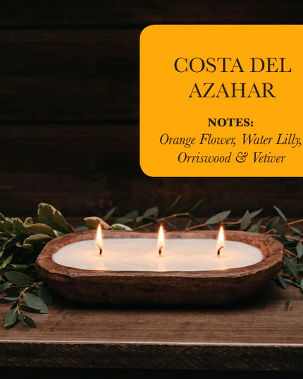 3-Wick Hand Carved Dough Bowl Decor Soy Candle - Costa Del Ahazar, an Orange Blossom Fragrance by TLC Candle Co.