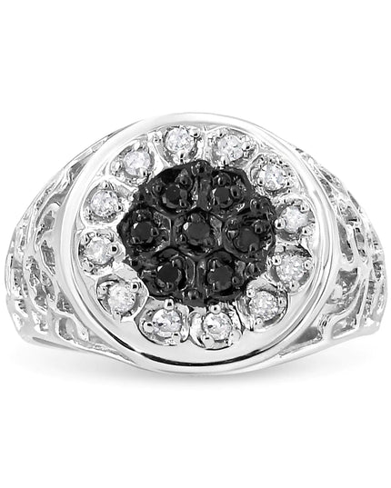 .925 Sterling Silver 1/4 Cttw White and Black Treated Diamond Halo Cluster Ring for Men (I-J Color, I3 Clarity)