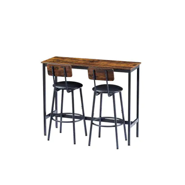 Bar Table Set, 2 Bar Stools, PU Soft Seat, Backrest, Rustic Brown