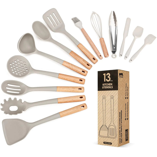 Silicone Kitchen Utensil Set, 13-Piece Heat-Resistant Cooking Tools with Wooden Handles for Nonstick Cookware