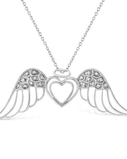 .925 Sterling Silver Pave-Set Diamond Accent Angel Wing 18" Double Heart Pendant Necklace (I-J Color, I1-I2 Clarity)
