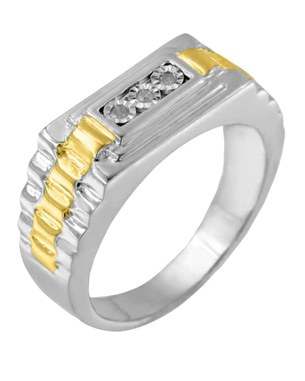 10K Yellow Gold Plated .925 Sterling Silver Diamond Accent Miracle-Set 3 Stone Ridged Band Gentlemen's Fashion Ring (I-J Color, I2-I3 Clarity)