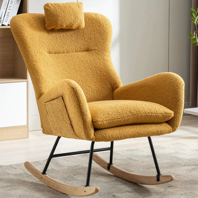 35.5\" Rocking Chair, Teddy Fabric, Wingback Glider, Solid Wood Base, Living Room Bedroom