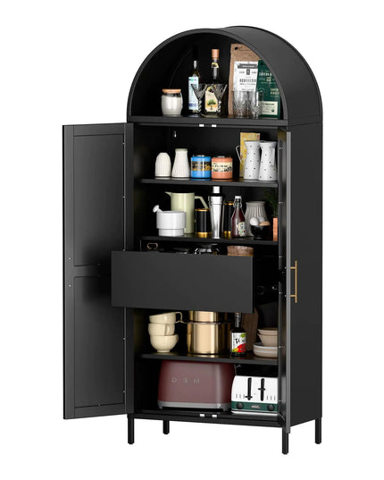 73" Tall Metal Arched Cabinet, Modern Bookshelf With Doors, Shelves, Internal Drawers, Black