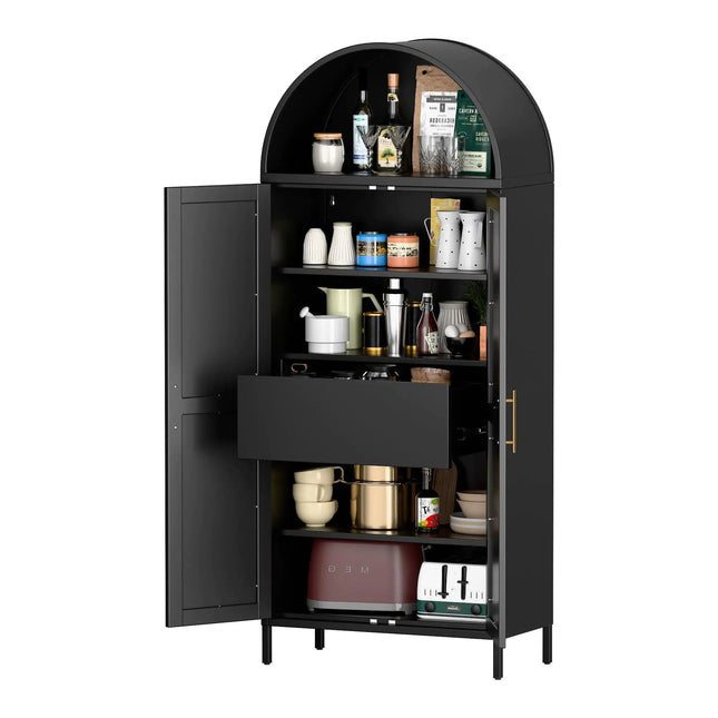 73" Tall Metal Arched Cabinet, Modern Bookshelf With Doors, Shelves, Internal Drawers, Black