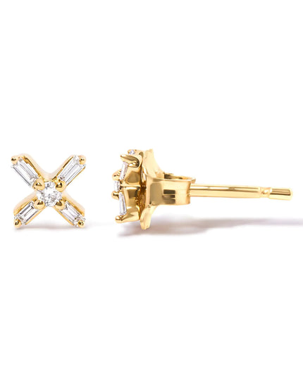 10K Yellow Gold 1/10 Cttw Round and Baguette Diamond Criss Cross X Stud Earring (H-I Color, I1-I2 Clarity)
