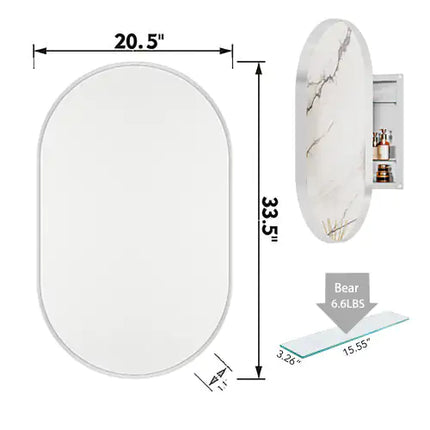 20"x34" Oval Recessed Metal Bathroom Wall Cabinet With Mirror, Adjustable Shelves