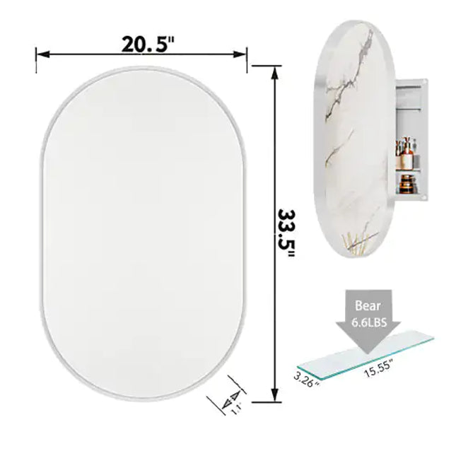 20"x34" Oval Recessed Metal Bathroom Wall Cabinet With Mirror, Adjustable Shelves