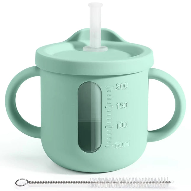 200ml Silicone Toddler Training Cup with Straw, Lid & Handles – Baby-Led Weaning Cup for Infants 6+ Months (Sage Green)