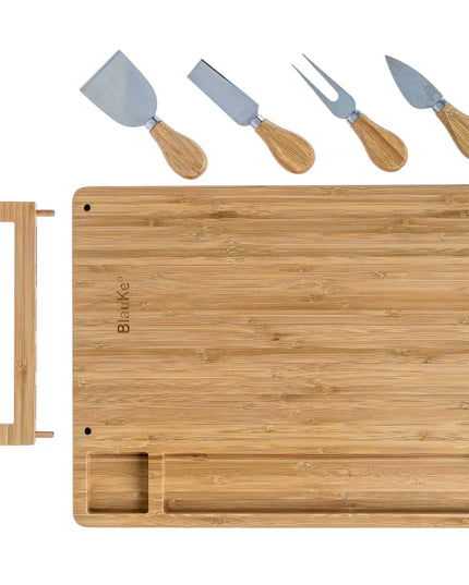 Bamboo Cheese Board Set - 14x11 Inch With 4 Knives - Wood Tray