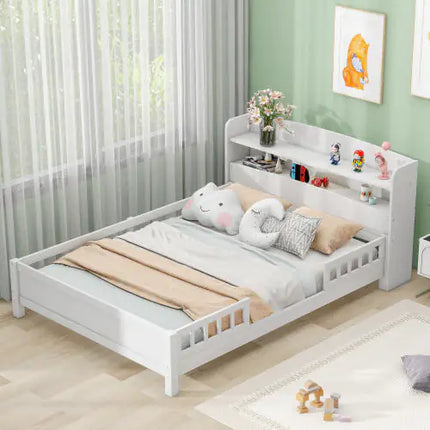 Full Size Wood Platform Bed With LED Light, Storage, Guardrail - White
