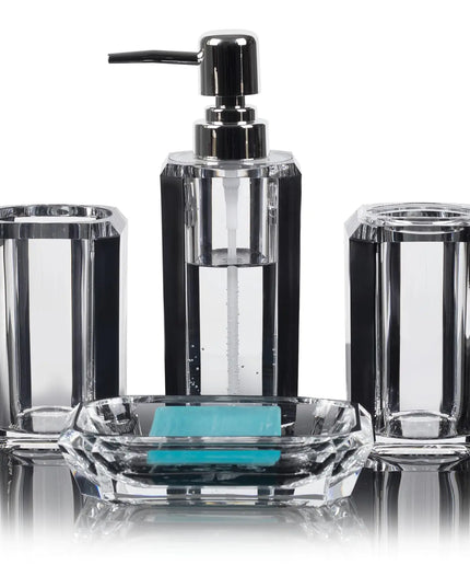 4-Piece Premium Acrylic Bathroom Accessory Set-Hand Sanitizer Bottle Lotion Can Bathroom Suit Separate Bottle Soap Box Mouthwash Cup Toothbrush Cup (Brushed Black)