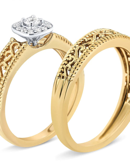 14K Yellow Gold Plated .925 Sterling Silver 1/5 Cttw Diamond Halo and Milgrain Finish Engagement Ring Bridal Set (I-J Color I3 Clarity)