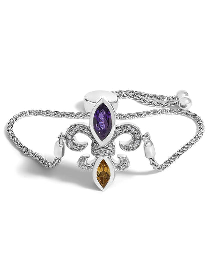 .925 Sterling Silver Marquise Purple Amethyst, Orange Citrine, and Diamond Accent Lariat 4”-10” Fleur De Lis Adjustable Bolo Bracelet (I-J Color, I1-I2 Clarity)