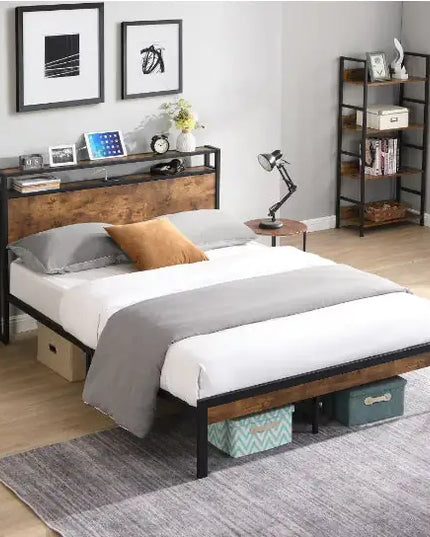 Metal Platform Bed Frame, Full Size, Wooden Headboard & Footboard, USB Ports, No Box