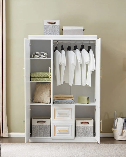 White Freestanding Armoire Wardrobe Closet – 74" H, 3 Doors, 2 Drawers, Hanging Rod & Shelves for Clothes Storage