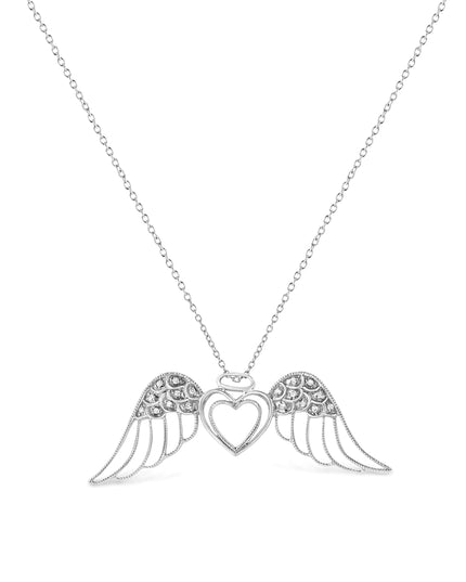 .925 Sterling Silver Pave-Set Diamond Accent Angel Wing 18" Double Heart Pendant Necklace (I-J Color, I1-I2 Clarity)