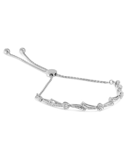 .925 Sterling Silver Diamond Accent Heart and Wave Link Bolo Bracelet (I-J Color, I2-I3 Clarity) - 6" to 9" Adjustable