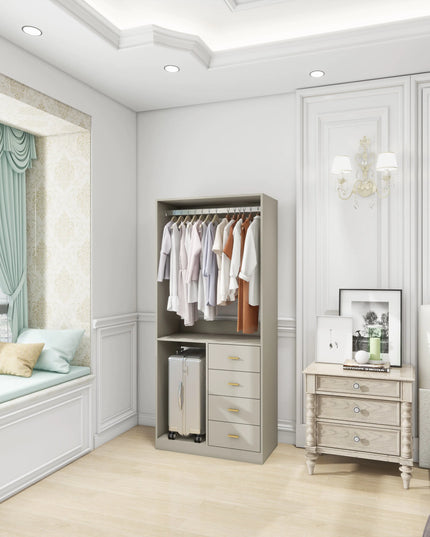 Grey Walk-In Closet Organizer System – 4 Drawers, Shelves, Hanging Rod with Metal Handles, 31.5"W × 15.7"D × 70.8"H