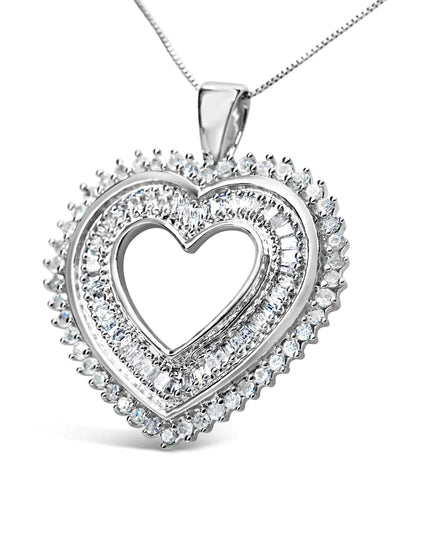 .925 Sterling Silver 1.0 Cttw Baguette and Round Diamond  Heart Pendant 18" Necklace (H-I Color, I3 Clarity)