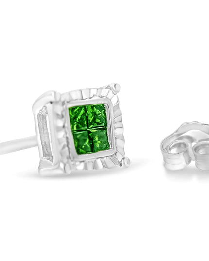 Sterling Silver Color Treated Princess Diamond Quad Stud Earring (1/2 cttw, Green Color, I1-I2 Clarity)