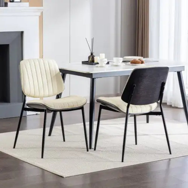 Set Of 2 Mid Century Modern Faux Leather Dining Chairs, Walnut Bentwood Back, Metal Legs