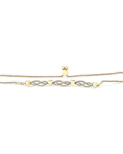 14K Yellow Gold Plated .925 Sterling Silver 1/10 Cttw Diamond Wave and Hearts Bolo Bracelet (I-J Color, I2-I3 Clarity) - 4"-10" Adjustable