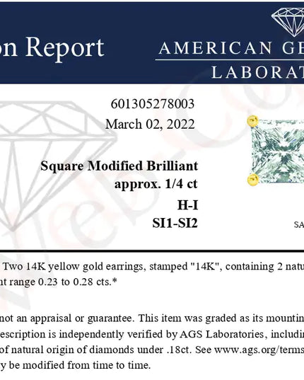 AGS Certified 14k Yellow Gold 1/4 Cttw 4-Prong Set Princess-Cut Solitaire Diamond Push Back Stud Earrings (H-I Color, SI1-SI2 Clarity)