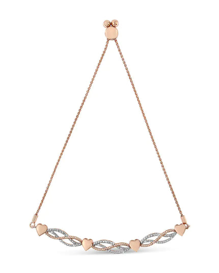 14K Rose Gold Plated .925 Sterling Silver Cttw Diamond Accent Layered Infinity Link and Heart Adjustable 4”-10” Adjustable Bolo Bracelet (I-J Color, I3 Clarity)