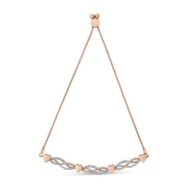 14K Rose Gold Plated .925 Sterling Silver Cttw Diamond Accent Layered Infinity Link and Heart Adjustable 4”-10” Adjustable Bolo Bracelet (I-J Color, I3 Clarity)