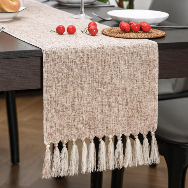 72" Beige Boho Table Runner – Burlap-Look Linen Style with Tassels for Dining or Dresser