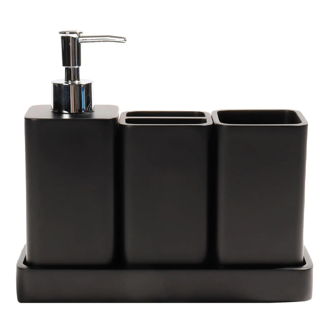 4-Piece Black Bathroom Accessories Set – Soap Dispenser, Toothbrush & Q-tip Holders – Modern Sink Set