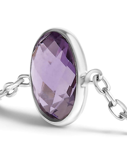.925 Sterling Silver Bezel Set Purple Amethyst 5 Station Adjustable Bolo Bracelet