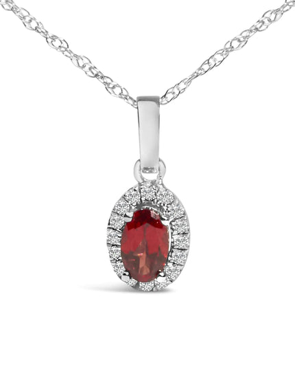 10K White Gold 5x3mm Gemstone and Diamond Accent Halo Oval Shape 18" Pendant Necklace (I-J Color, I1-I2 Clarity)