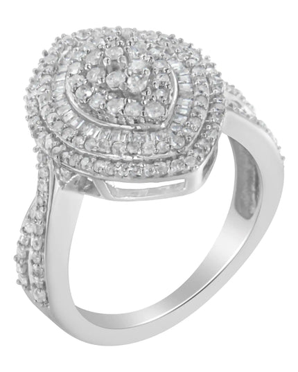 .925 Sterling Silver 1.0 Cttw Round & Baguette-Cut Diamond Marquise-Shaped Ring (I-J Color, I2-I3 Clarity)