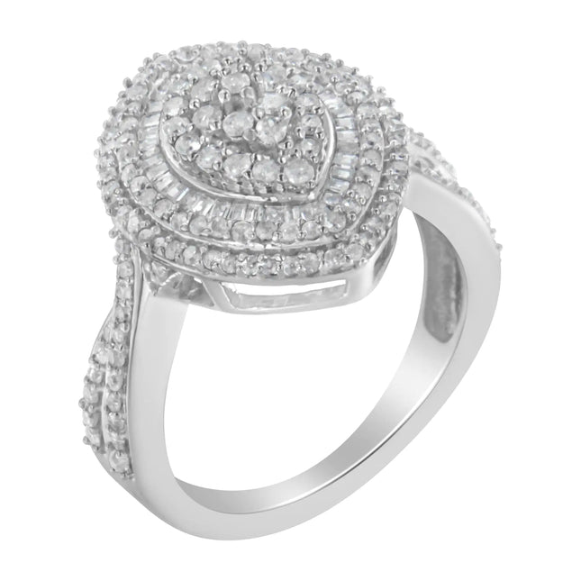 .925 Sterling Silver 1.0 Cttw Round & Baguette-Cut Diamond Marquise-Shaped Ring (I-J Color, I2-I3 Clarity)