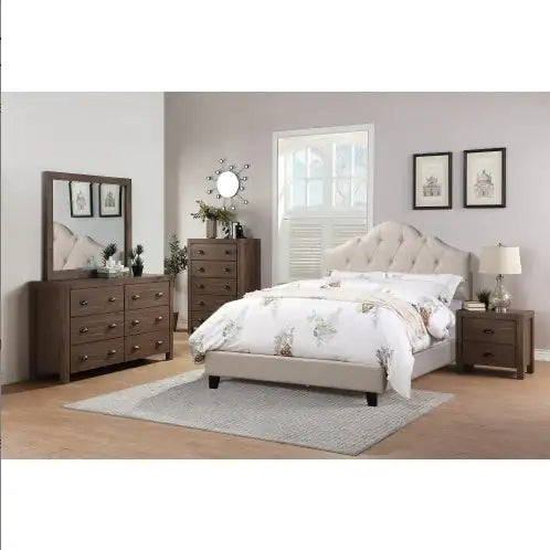 1pc Queen Size Upholstered Bed – Adjustable Headboard, Light Brown Tufted Polyfiber, Wooden Frame