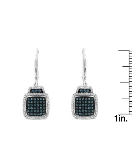 Black Rhodium over .925 Sterling Silver ¾ Cttw Blue and White Diamond Cushion Shaped Dangle Earrings (Enhanced Blue & I-J Color, I2-I3 Clarity)