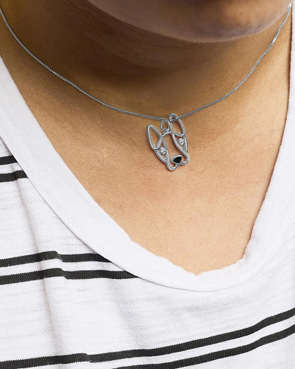 .925 Sterling Silver Diamond Accent and Black Enamel French Bullldog 18" Inch Pendant Necklace inch (I-J Color, I2-I3 Clarity)