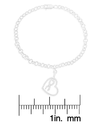 .925 Sterling Silver 1/4 Cttw Diamond-Accented Heart and Ribbon Charm 7" Link Chain Bracelet (H-I Color, I1-I2 Clarity)