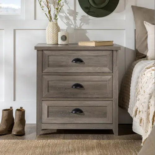 Traditional Farmhouse Framed 3-Drawer Nightstand With Cup Handles - Grey Wash