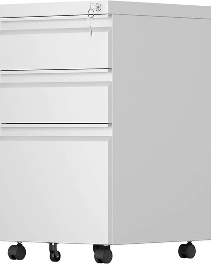 Mobile File Cabinet 3 Drawer Lockable Metal Under Desk, White, A4 Legal Letter Size