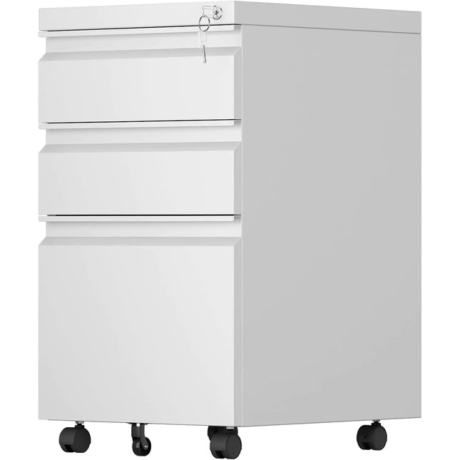 Mobile File Cabinet 3 Drawer Lockable Metal Under Desk, White, A4 Legal Letter Size